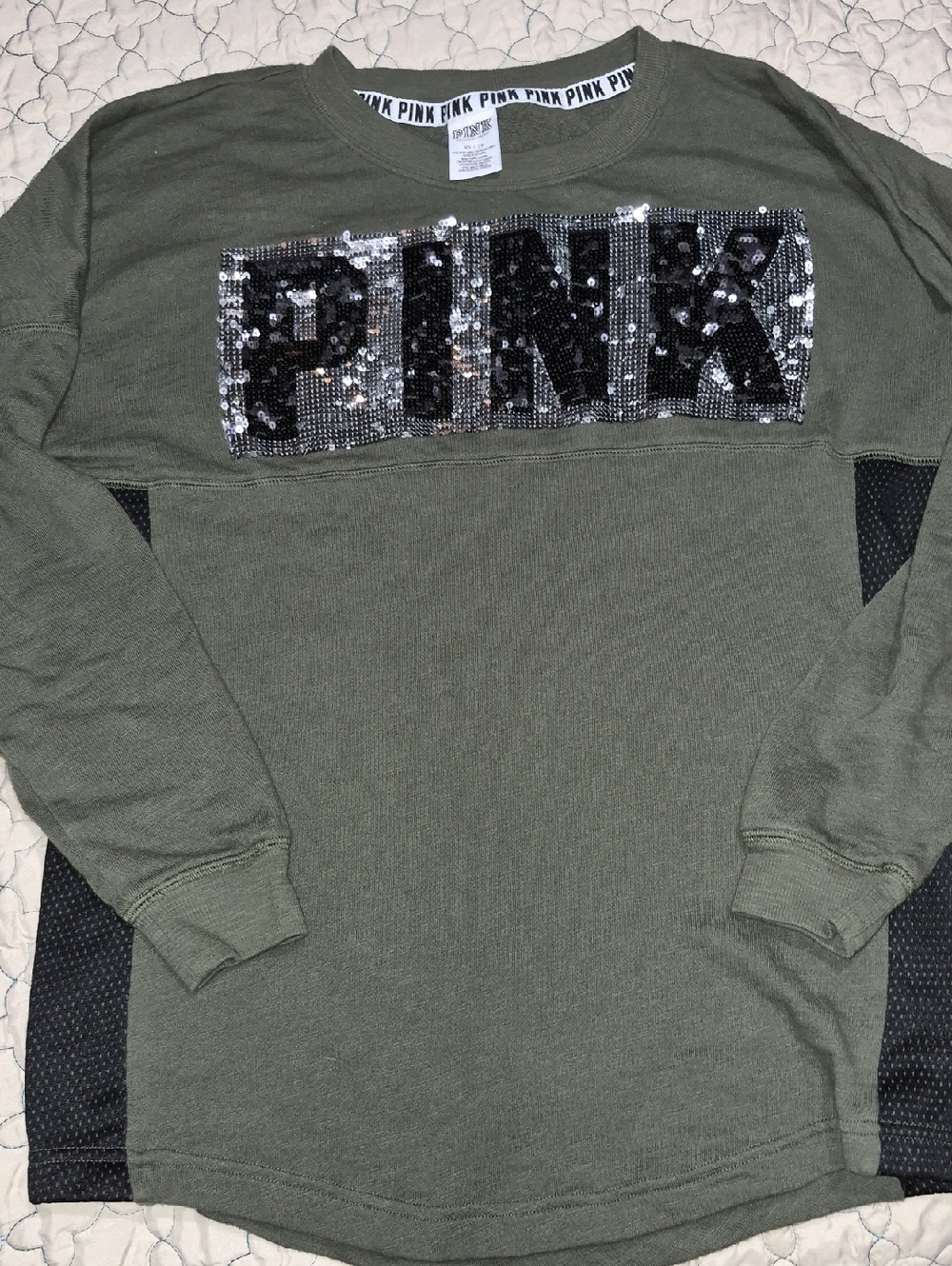 PINK Sequin Logo Olive Green Long Sleeve Top